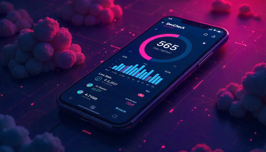 DevCheck app showing live CPU usage and phone model