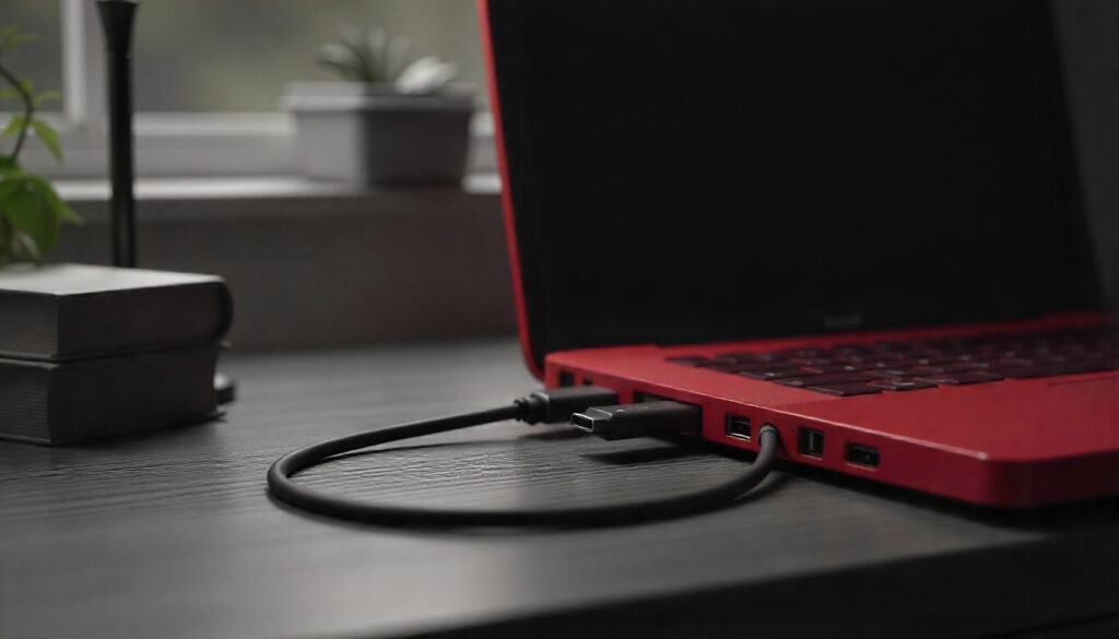 USB A to USB C adapter plugged into a laptop