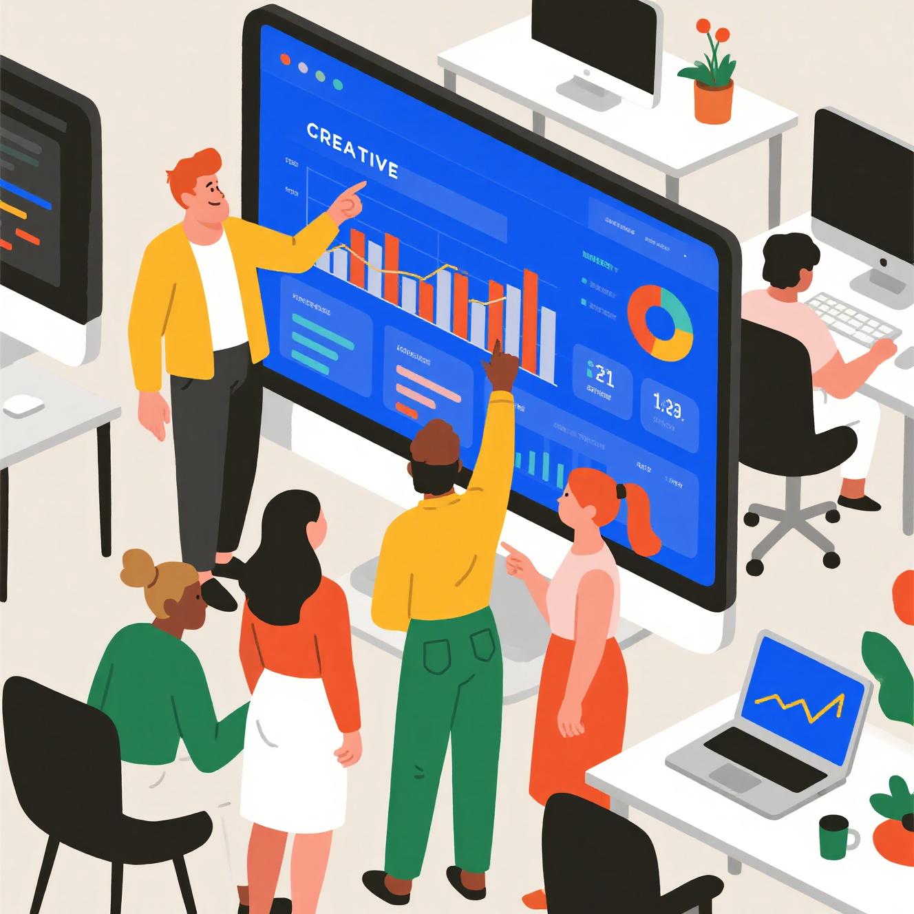 Small business team analyzing data dashboards for business intelligence