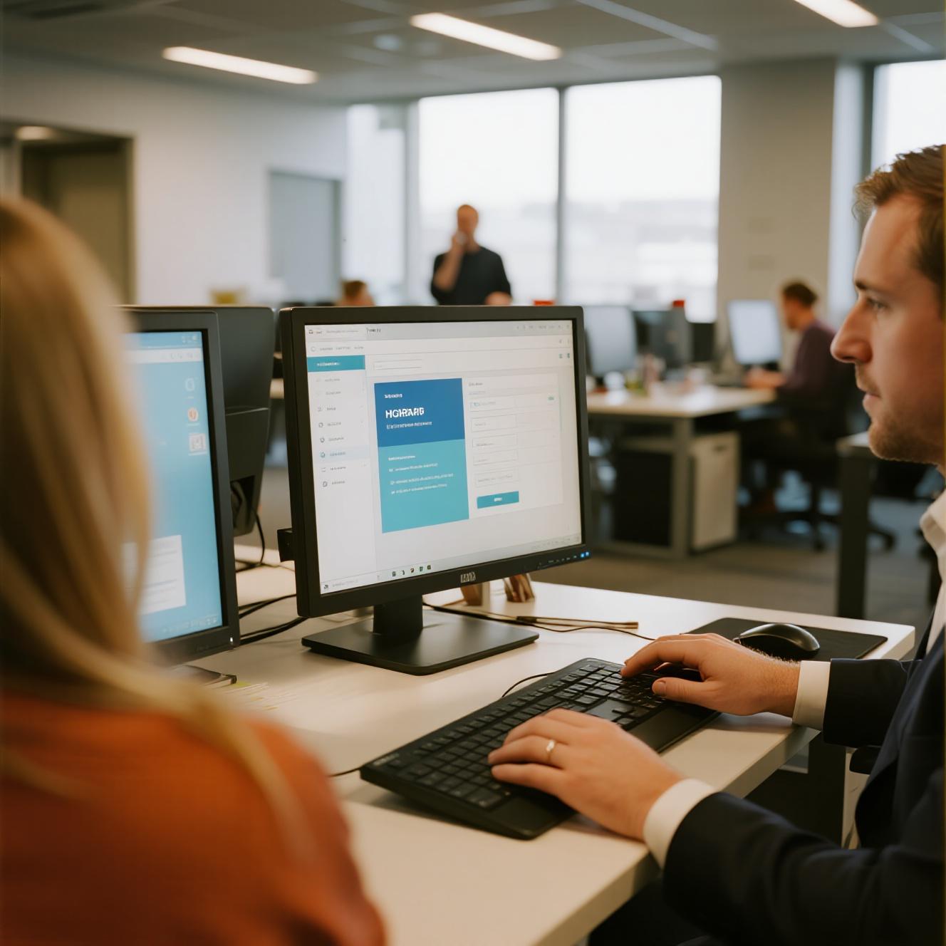 Team collaboration workspace using HR software, modern office HR tools