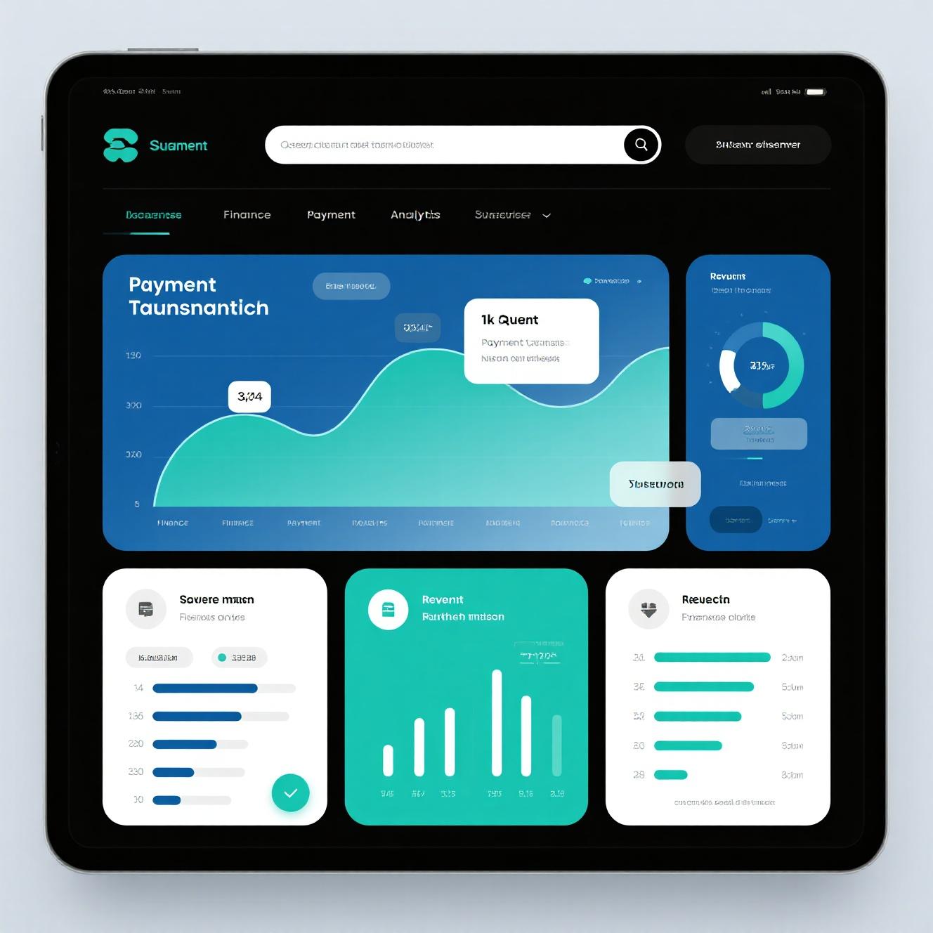 Business analytics dashboard showing payment transaction charts, payment processing software analytics