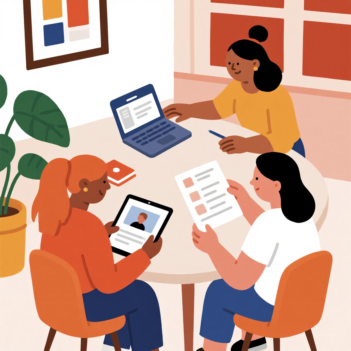 Small HR team using applicant tracking system on laptop reviewing resumes