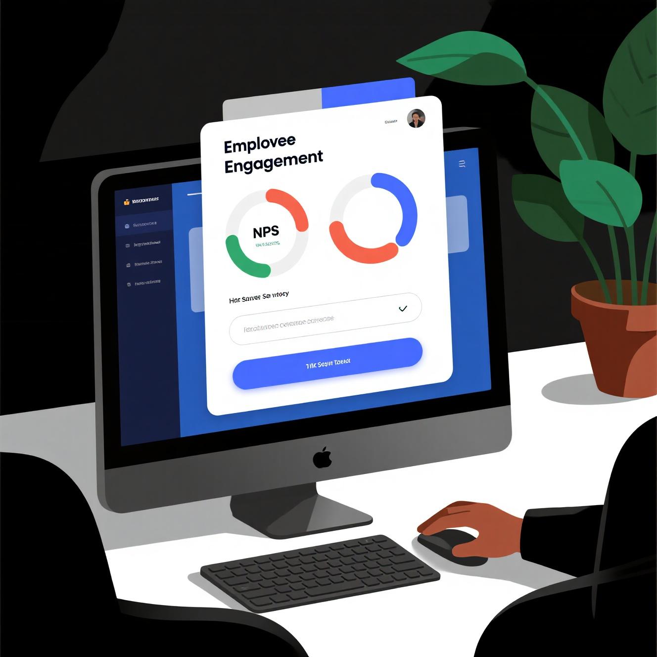Employee engagement survey Employee engagement survey on computer screen, workplace feedback survey tools