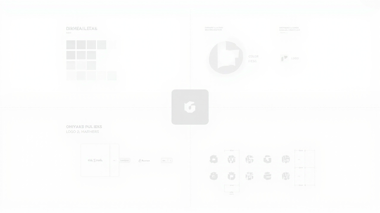 An educational illustration displaying the key elements of effective logo design including a minimalist brand mark, color palette demonstration, typography samples, and size variations showing scalability and versatility