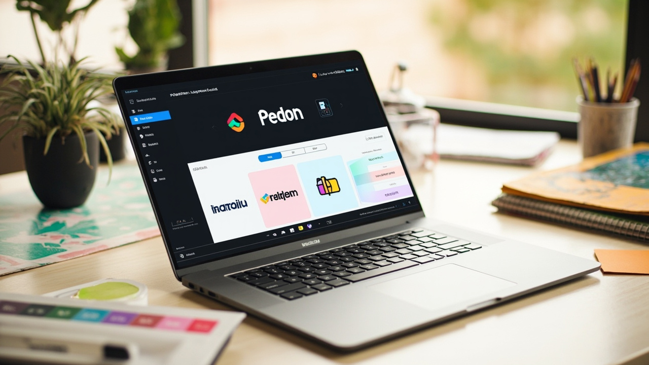 Laptop screen showing free logo maker software interface with various logo design options and creative tools spread across a workspace desk