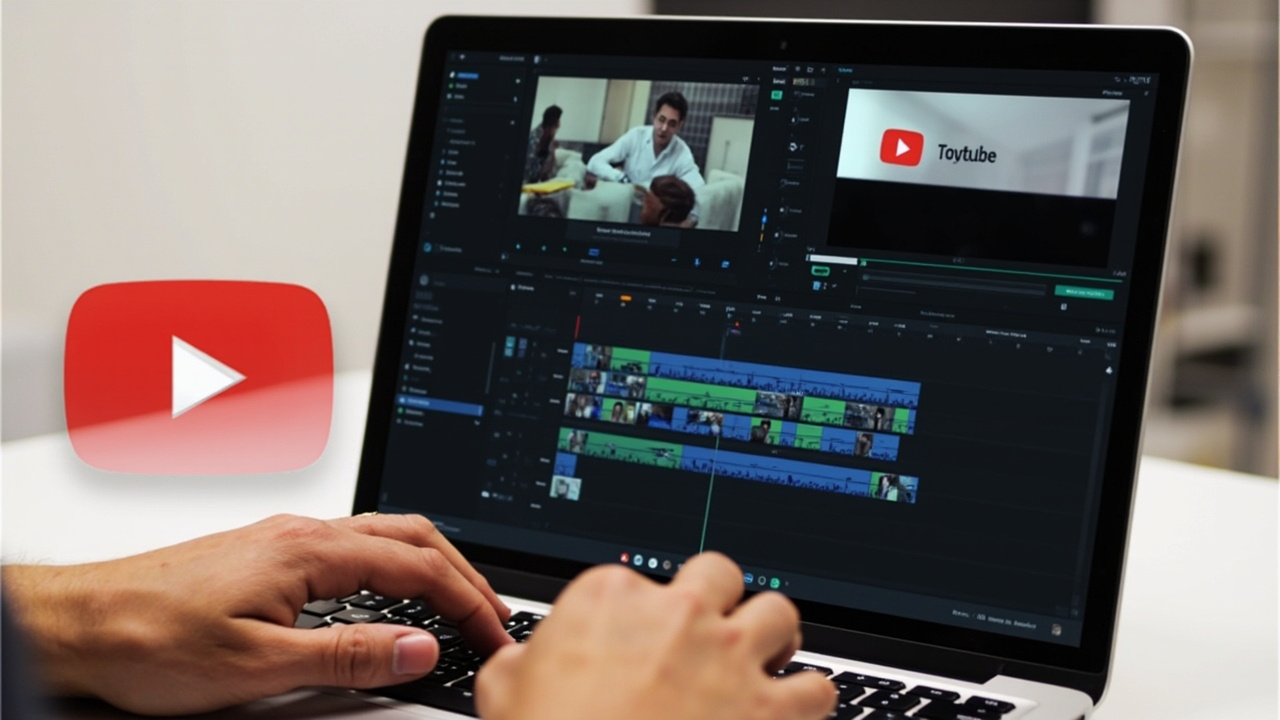 A video editor’s workspace displaying a multi‑track timeline, color grading controls, and AI caption and thumbnail icons, representing essential features for YouTube creators.