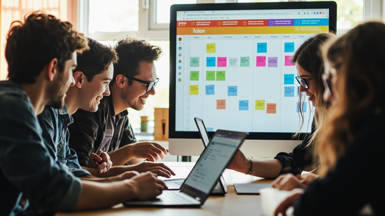 Small team collaborating on project tasks using a project management tool on a computer