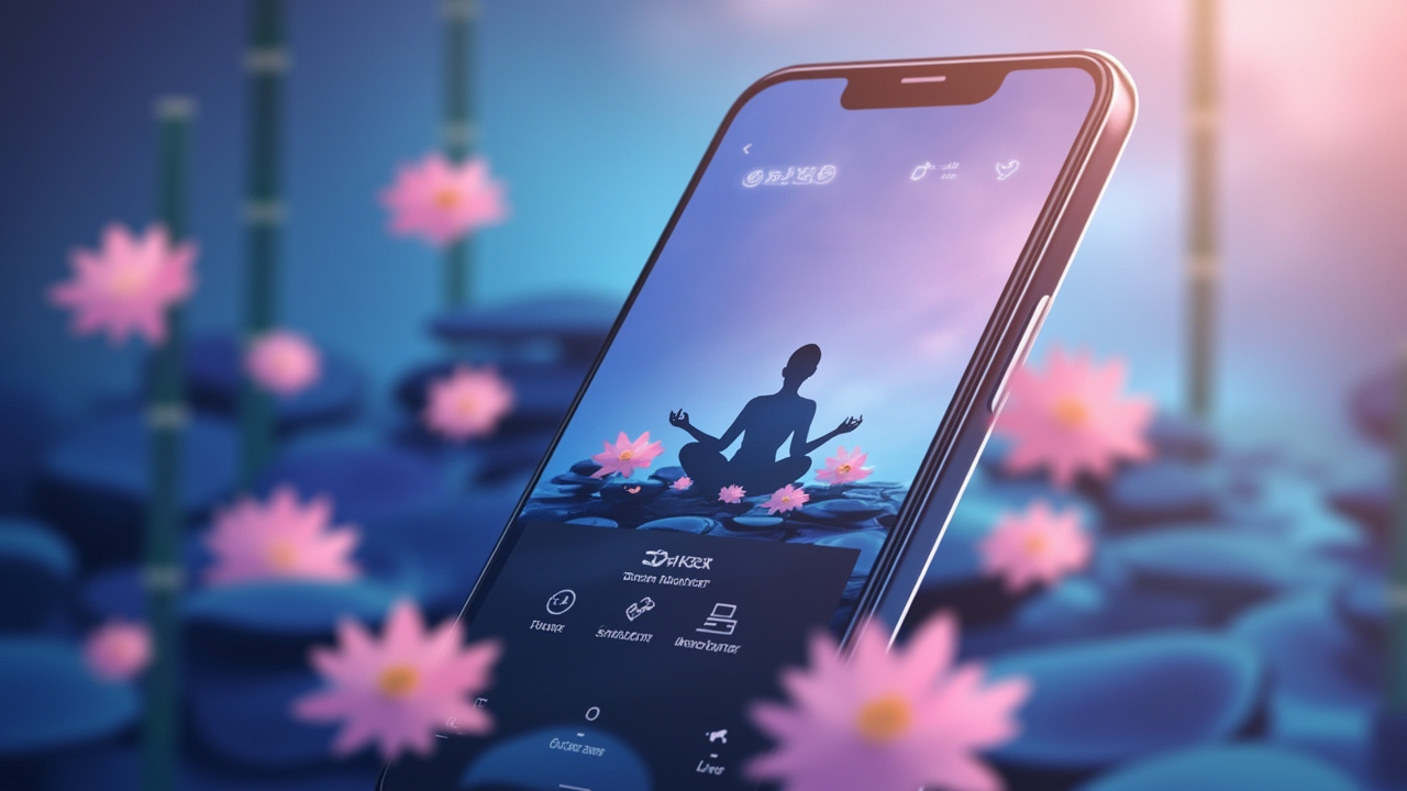 Person using meditation app on smartphone with peaceful nature background and floating lotus flowers