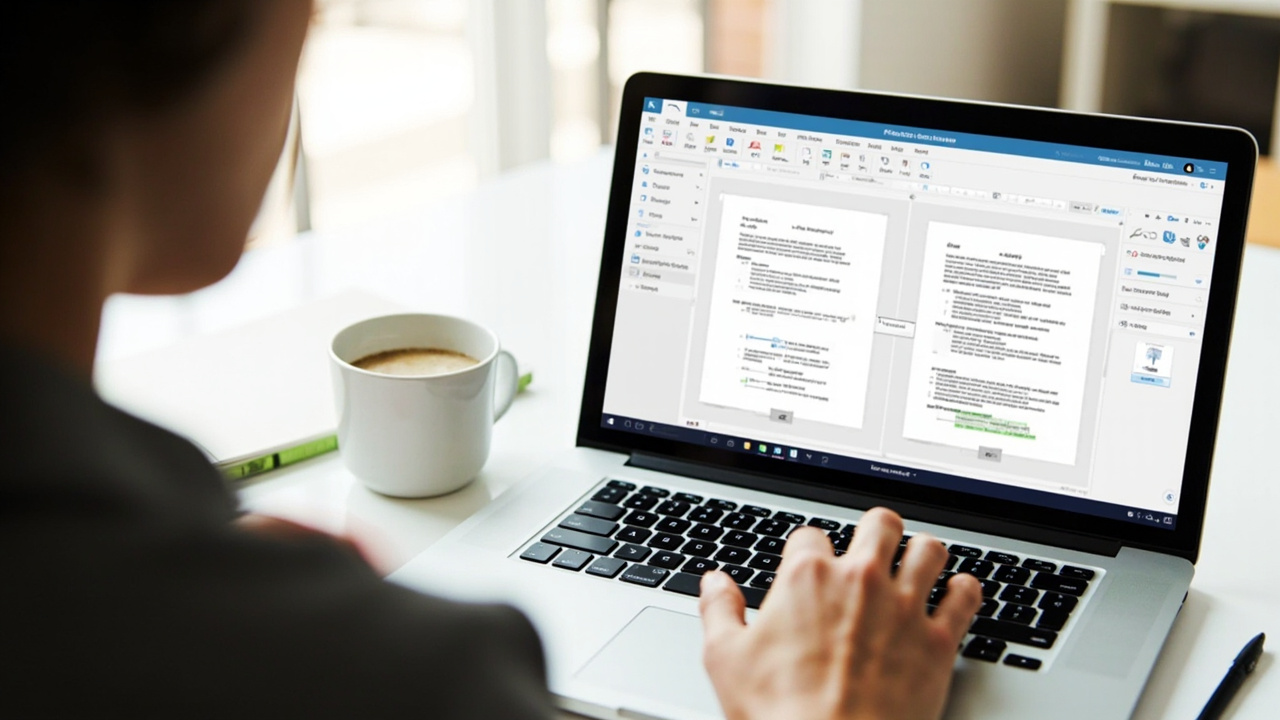 Professional working on PDF documents using a modern editor on a laptop in a clean home office setting