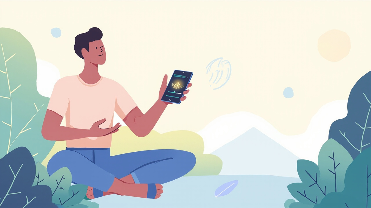 Person meditating while using a meditation app on a smartphone in a calm garden setting