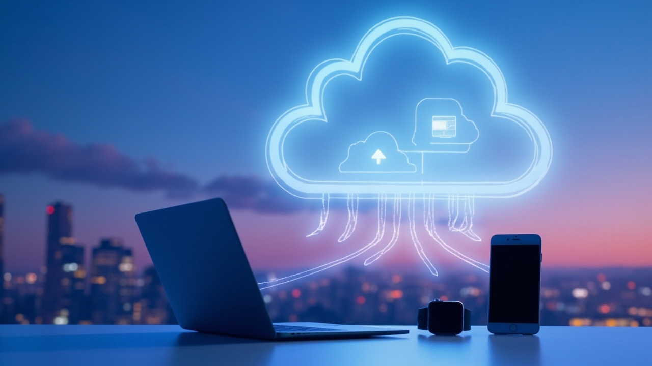 Multiple modern devices connected to cloud storage services, with data flowing between smartphones, tablets, and laptops to a glowing cloud infrastructure