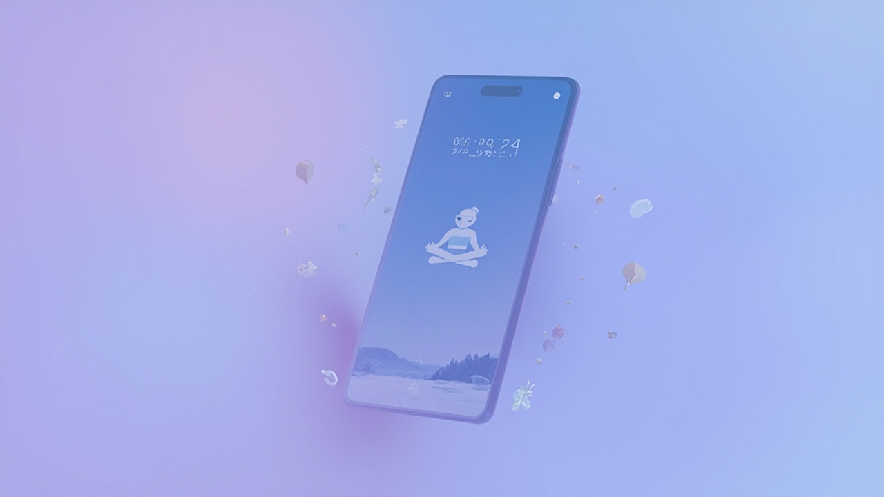 Person meditating peacefully while using a meditation app on a smartphone with a calm, minimalist interface showing timer and nature elements