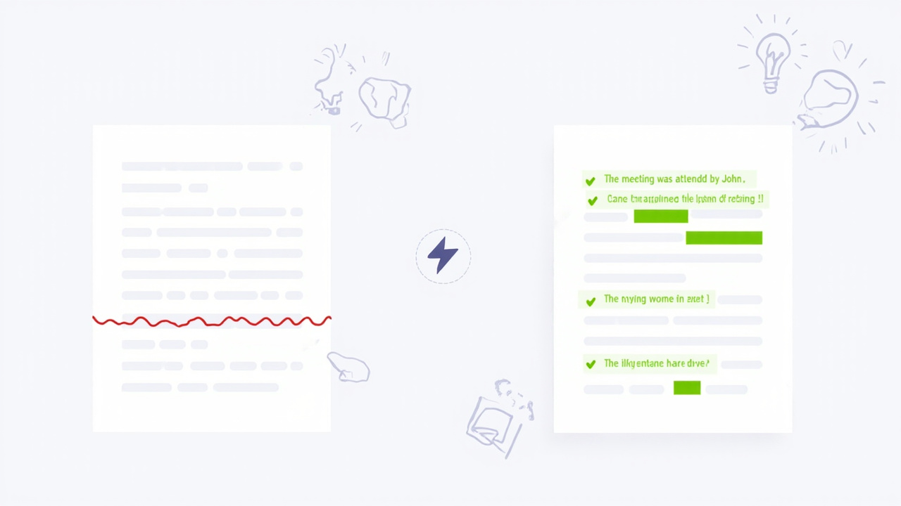Comparison view showing a grammatically correct but style-weak sentence being improved to an active voice construction, illustrating how grammar checkers enhance writing style beyond basic corrections
