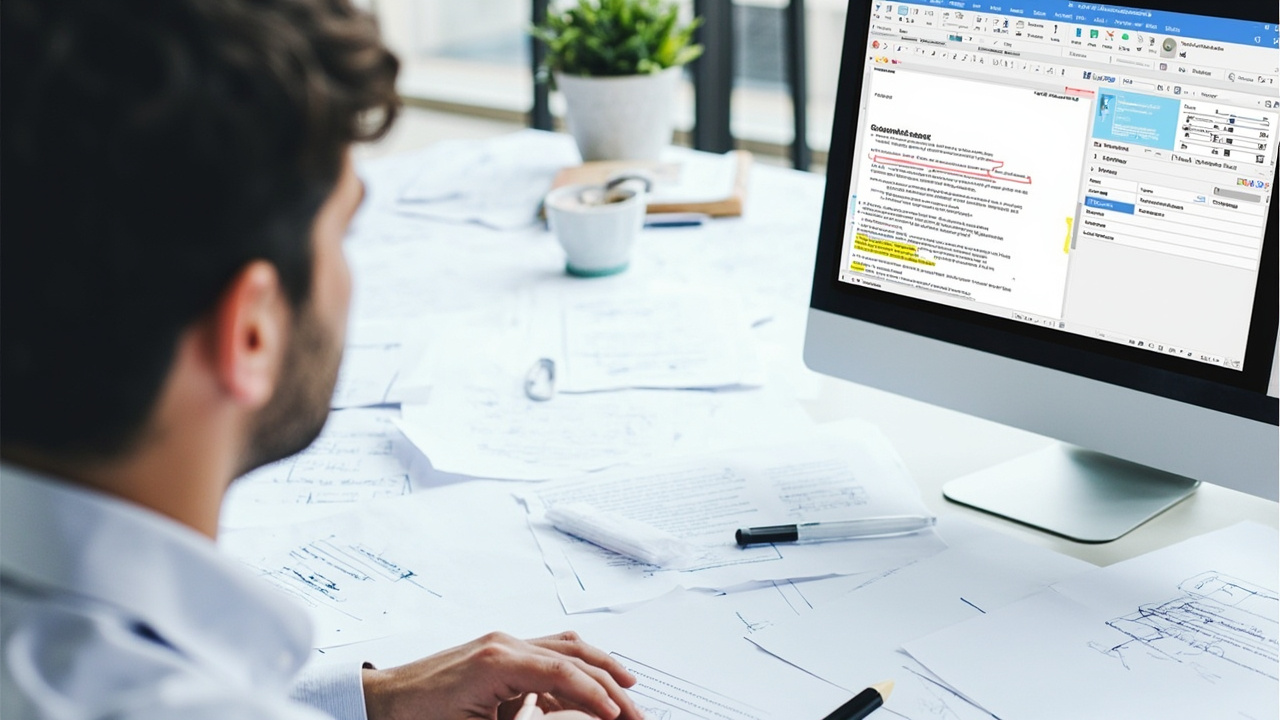 Professional using PDF editor software on a computer to annotate and edit business documents