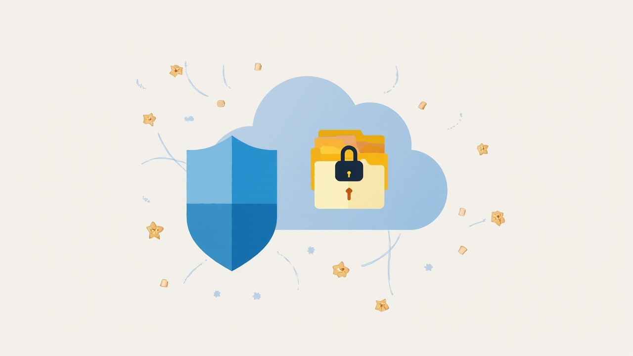 Cloud storage security concept with shield and padlock protecting digital files