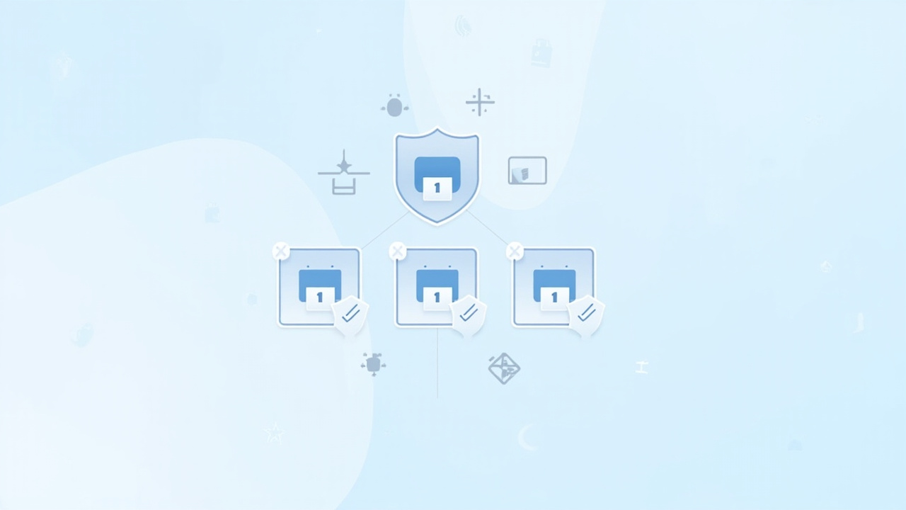Security concept illustration showing password protection features including encryption, biometric authentication, and cross-device sync represented by shield, padlocks, and connected devices