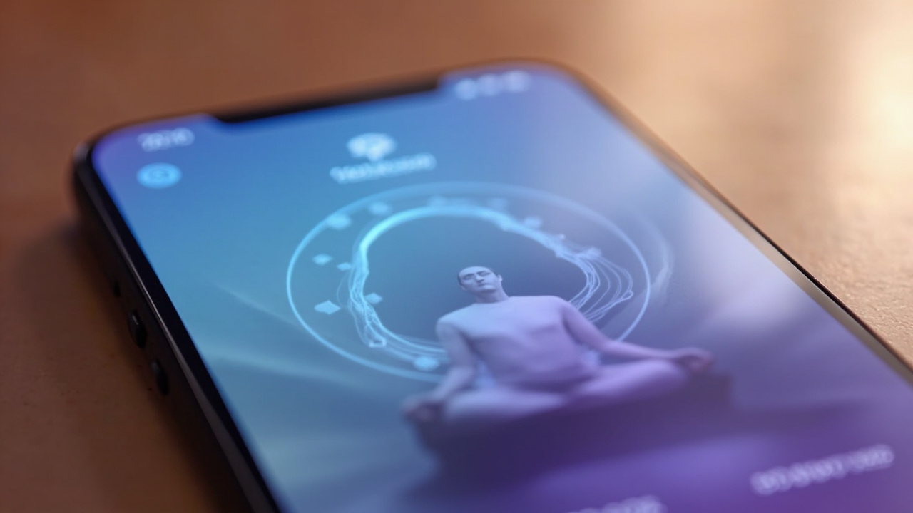 Person meditating peacefully while browsing a meditation app on a smartphone with progress indicators and calming visual elements