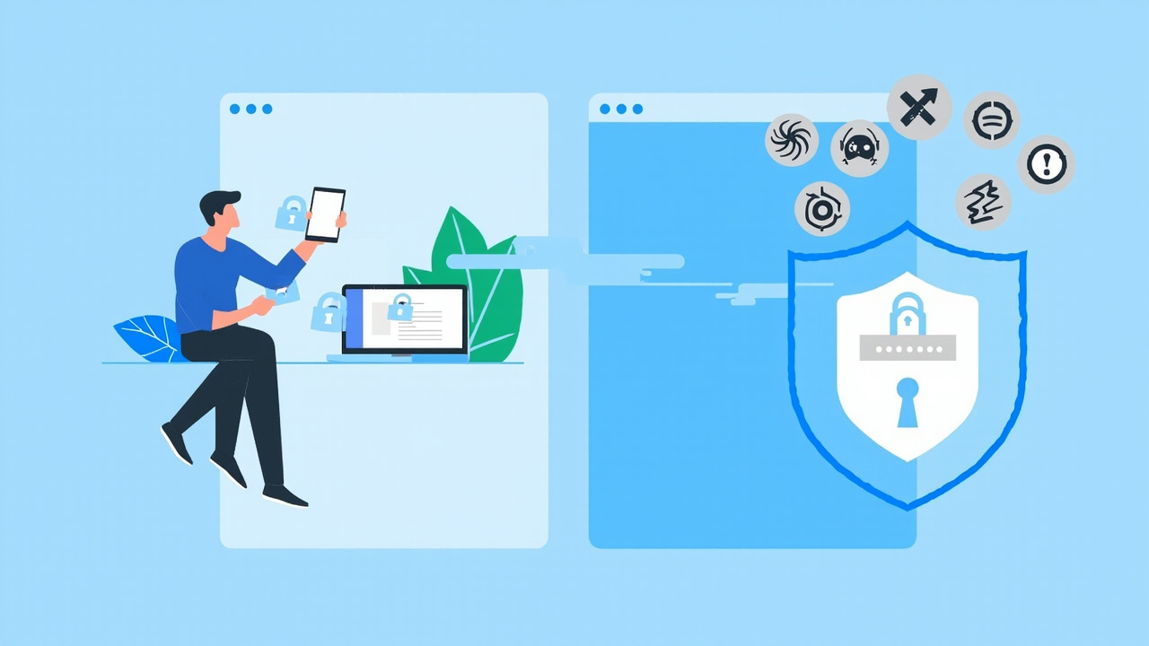 Illustration showing password manager protecting digital identity across multiple devices, with security shield blocking cyber threats