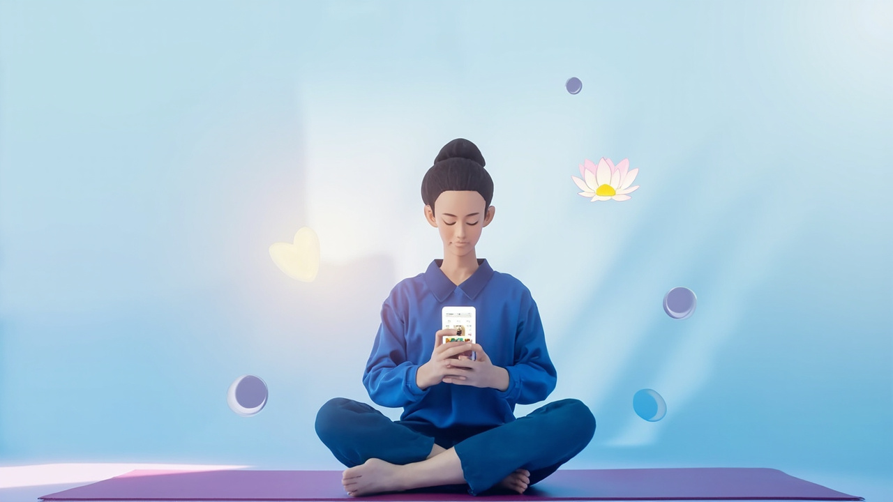 Person using meditation app on smartphone while sitting comfortably