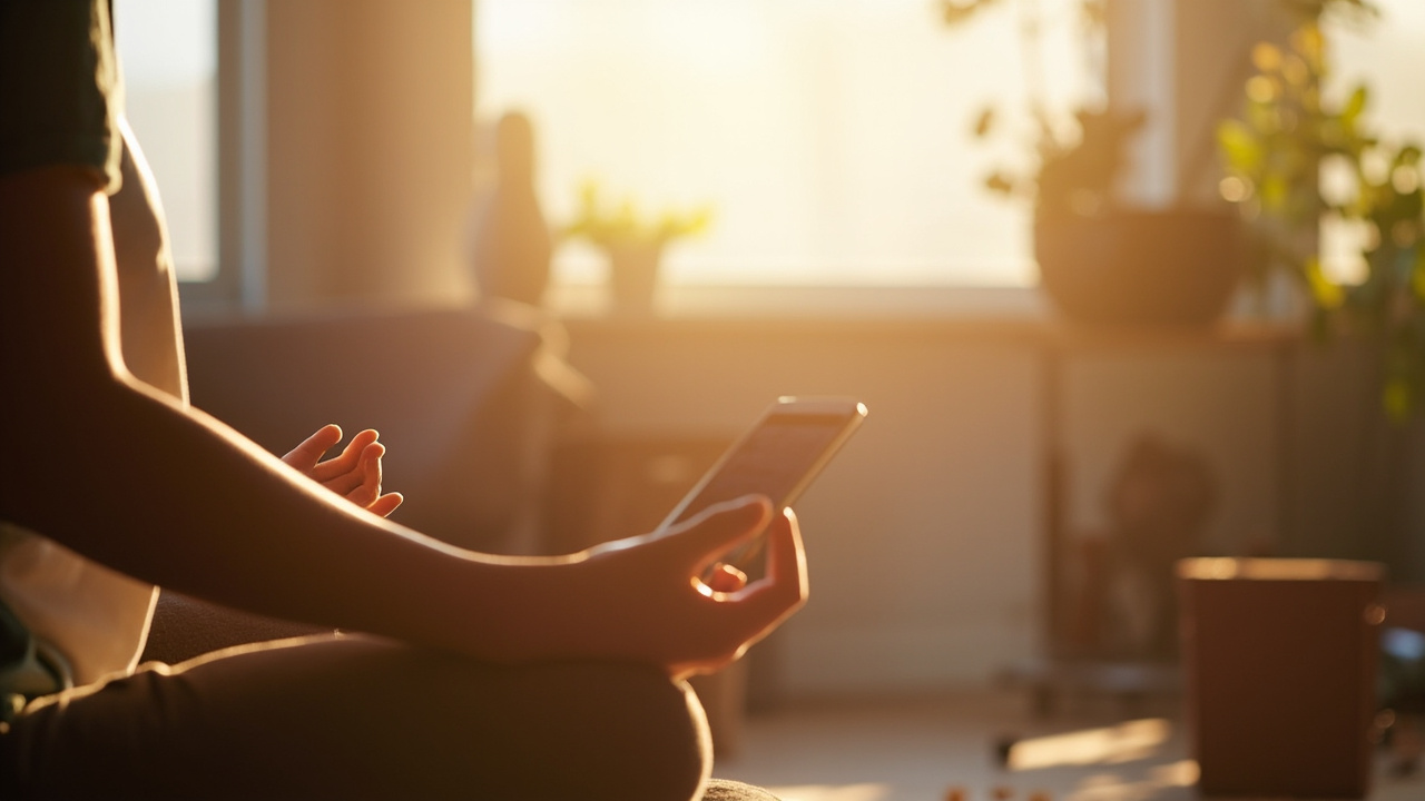 Person practicing meditation with app on phone in peaceful setting