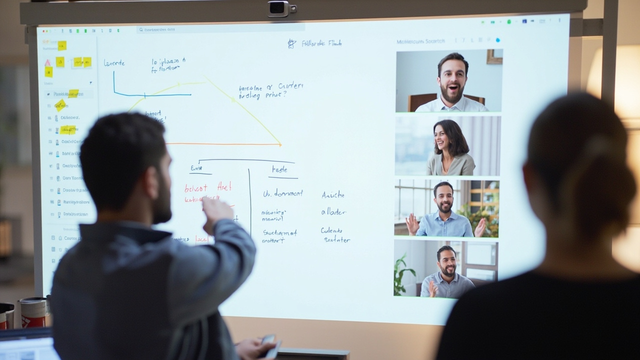 Team members collaborating on digital whiteboard interface showing various elements like sticky notes and diagrams