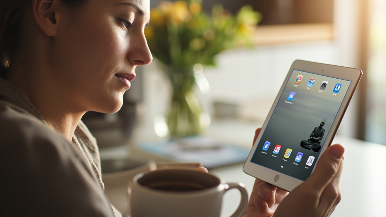Person selecting meditation app on tablet device