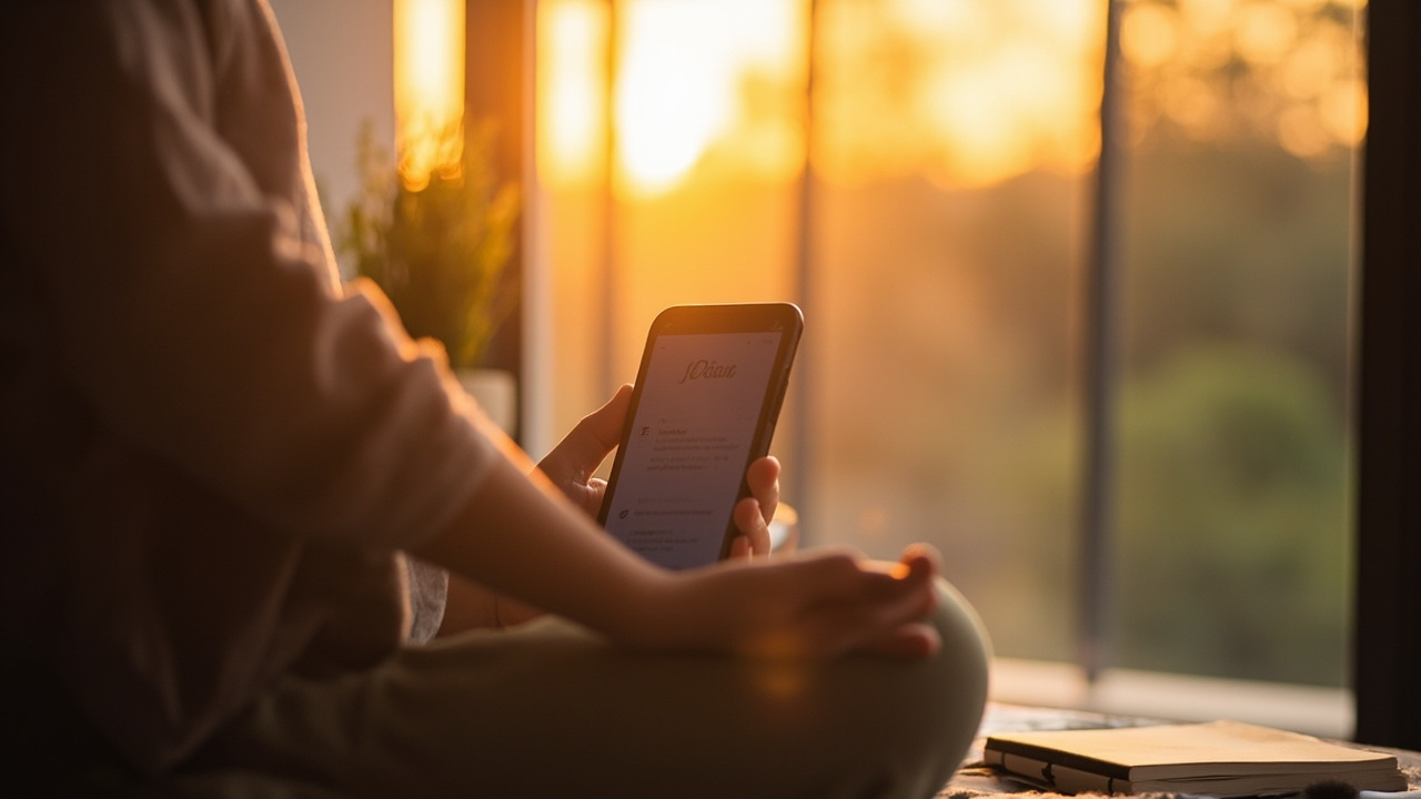 Person in morning meditation practice with app support