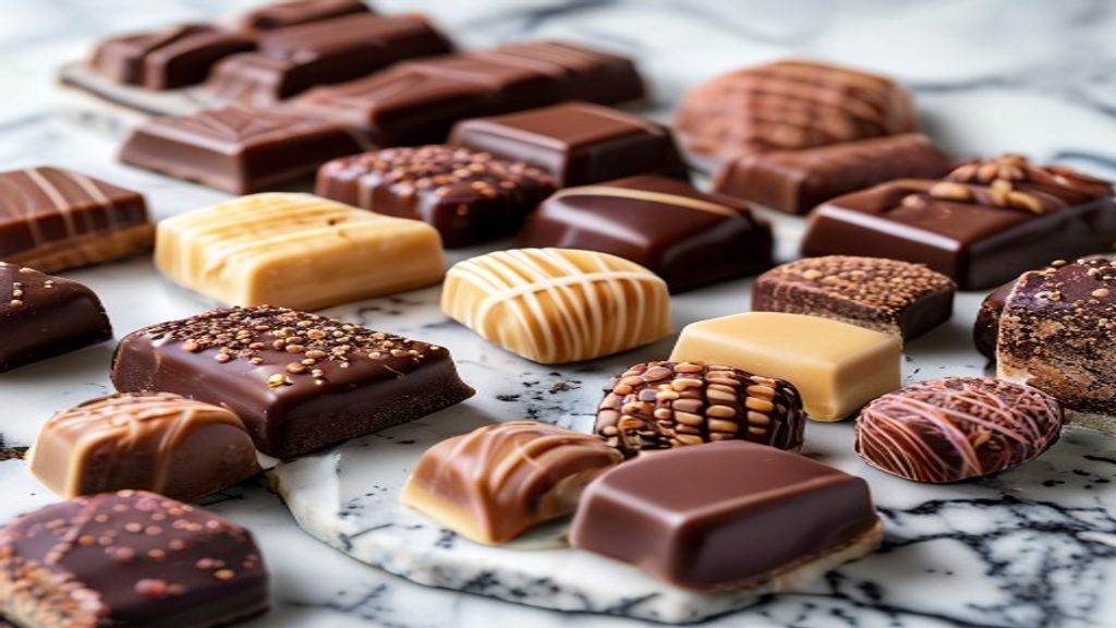 Assorted premium French chocolate pralines on marble surface