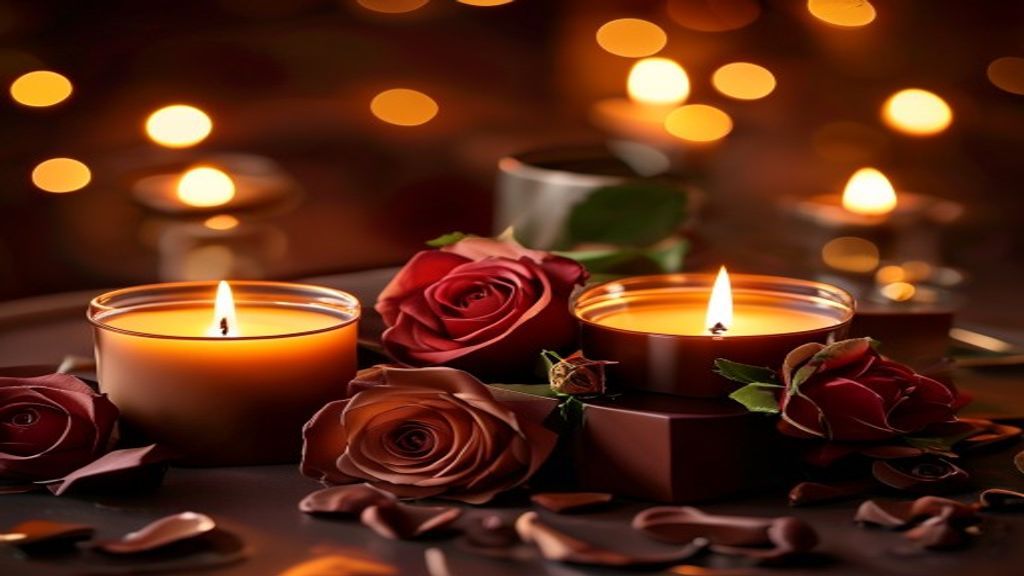 Romantic chocolate gift setting with candles and roses