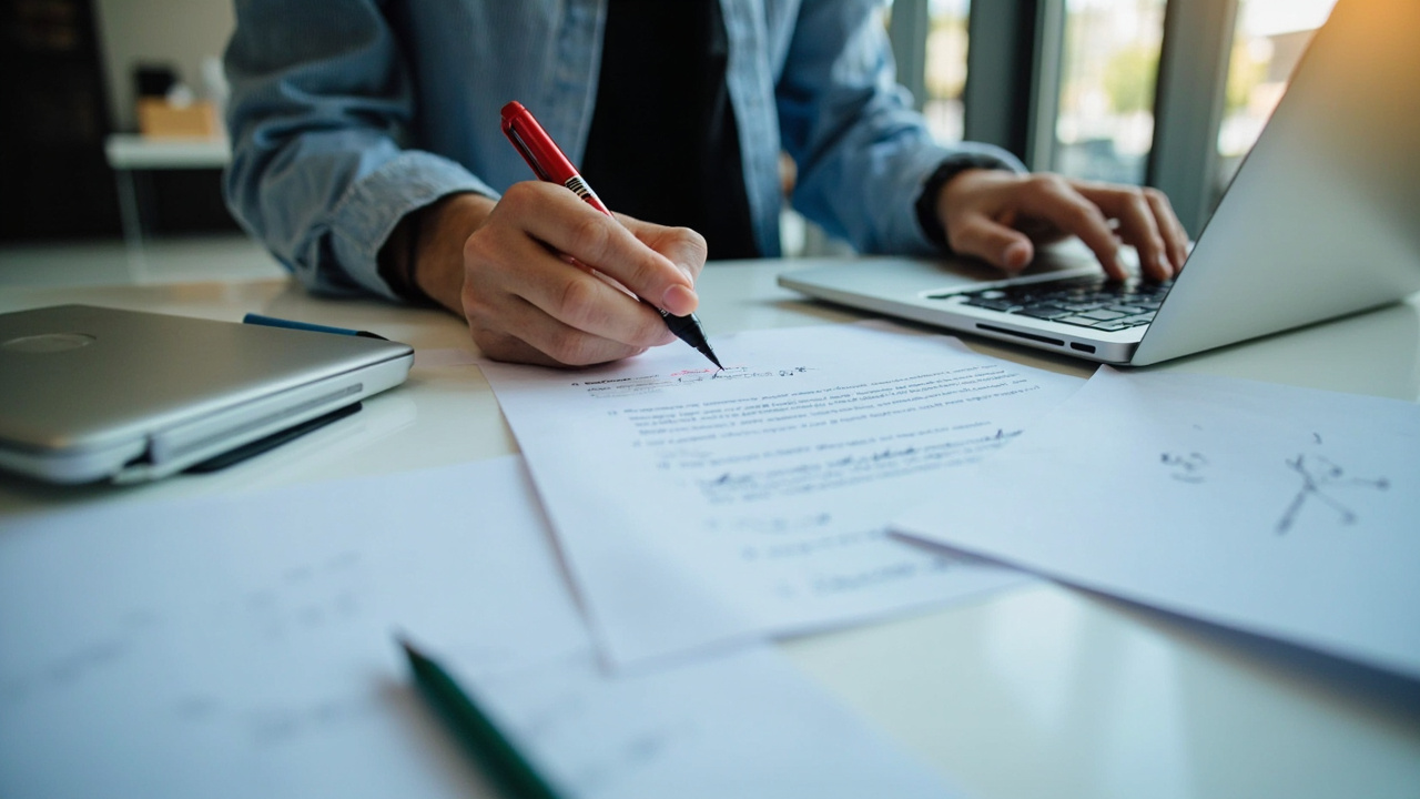 Professional reviewing and correcting grammar in documents at a modern desk setup