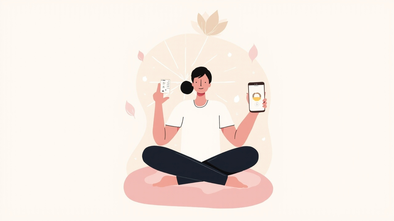 Person meditating with a smartphone showing a meditation app, surrounded by soothing pastel elements