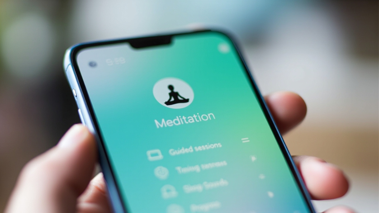 Smartphone screen displaying a meditation app with feature icons and a meditating silhouette on a calming background