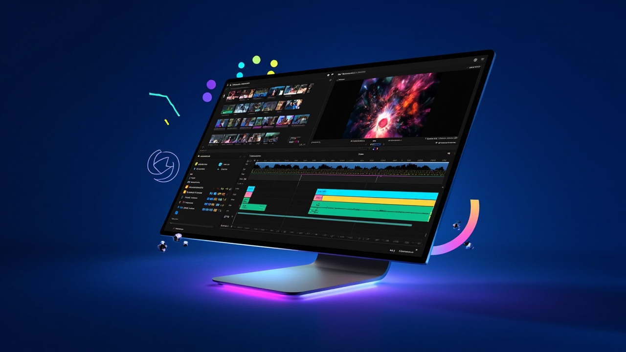 Video editing software interface showing a timeline with video clips and audio tracks being arranged