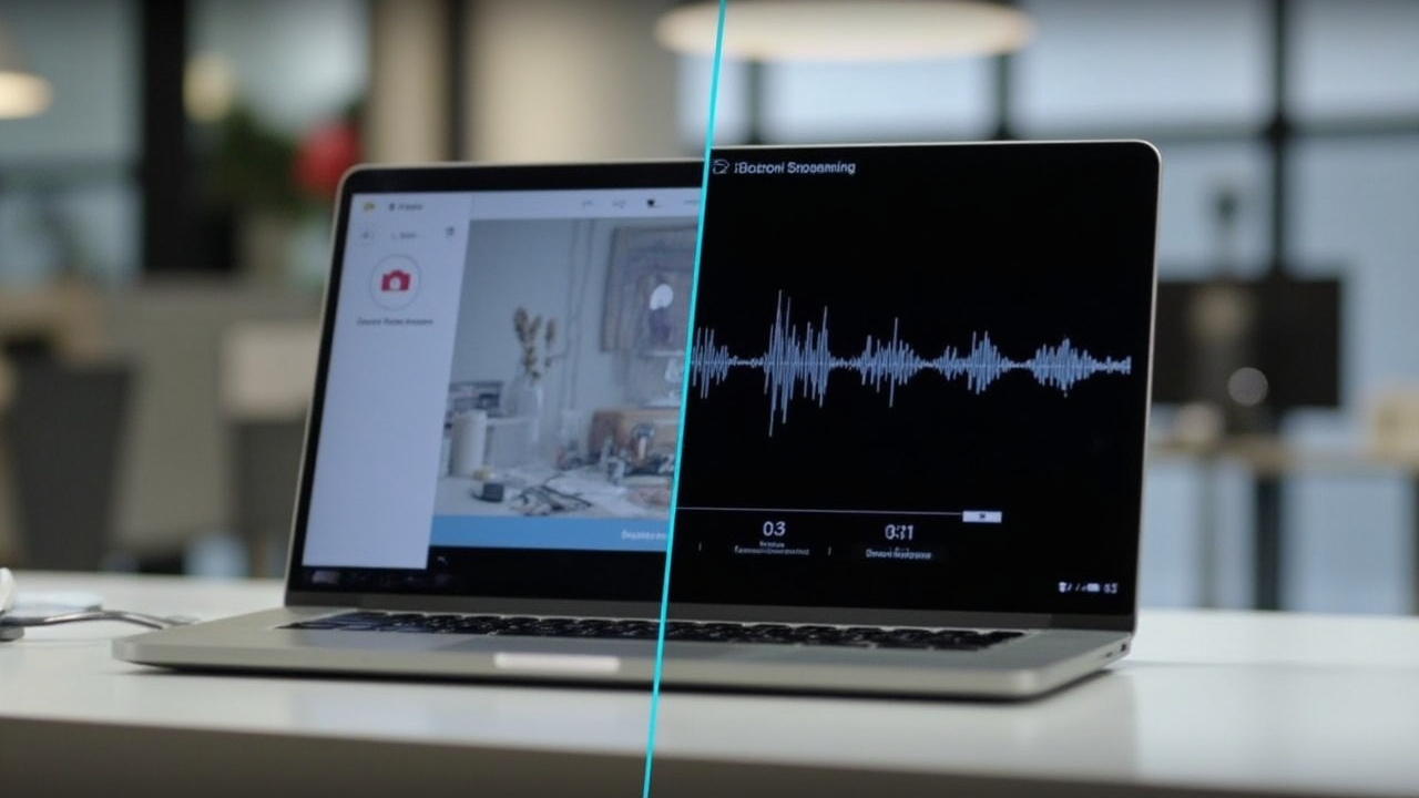 Split-screen comparison showing the difference between a static screenshot capture and dynamic screen recording demonstration on laptop displays