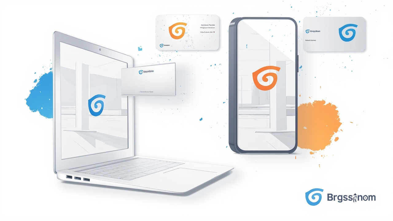 A collage of brand assets featuring a professional logo on a laptop, business card, storefront sign, and smartphone