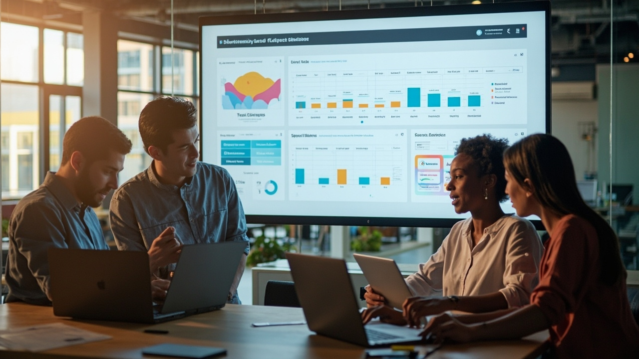 Small team collaborating around a digital project management dashboard showing tasks and timelines