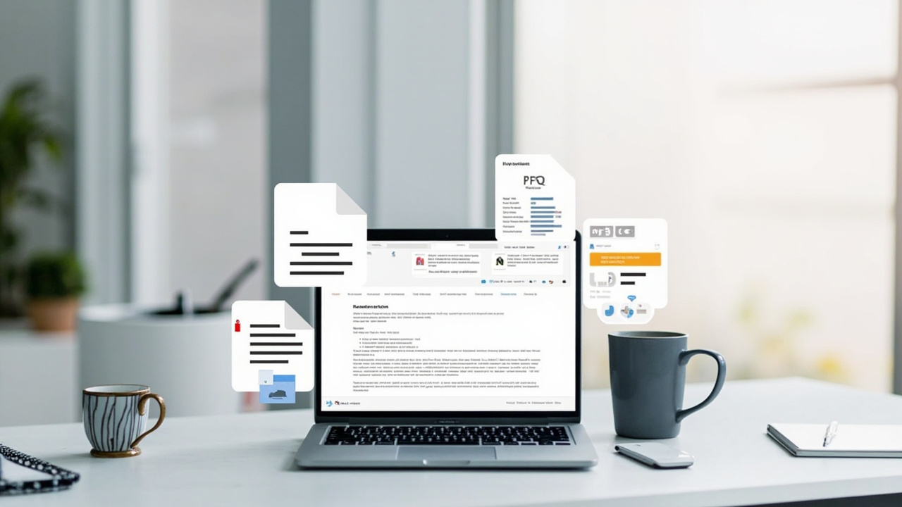 Modern workspace with laptop displaying PDF editor interface showing various editing tools