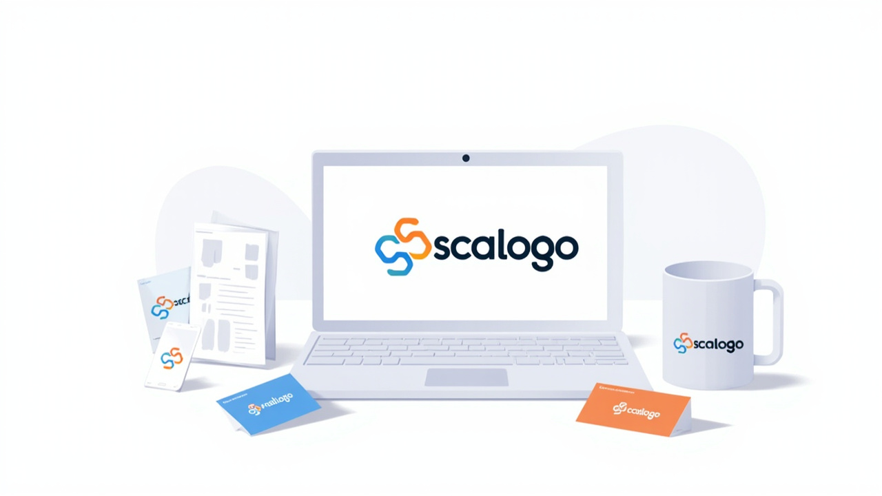 Laptop displaying a professional logo design surrounded by brand materials including business cards, smartphone, and coffee mug
