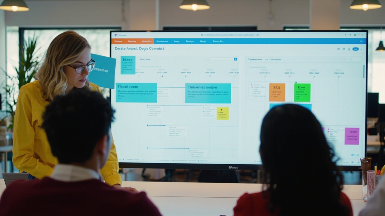 Small team using project management dashboard on a computer screen