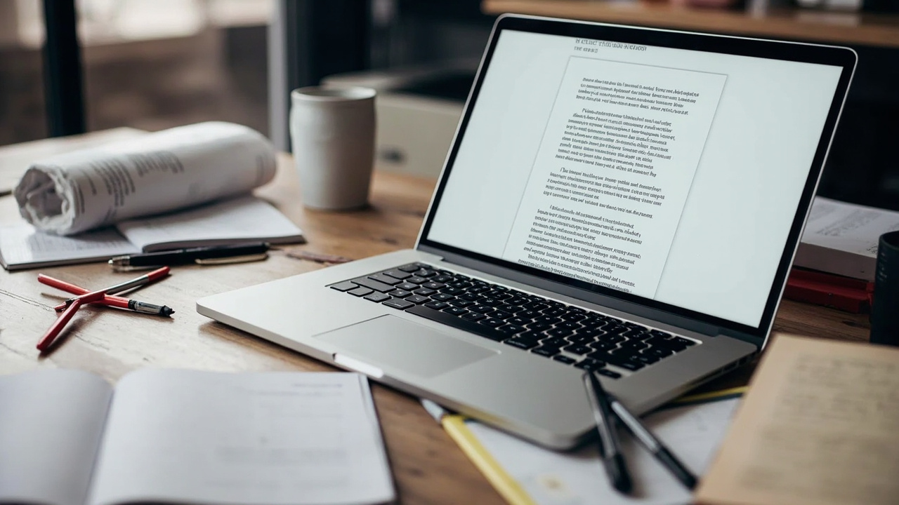 Professional workspace with laptop displaying a well-formatted business document with grammar and style references nearby