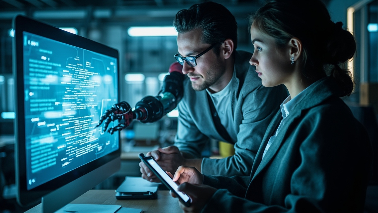 AI writing assistant illustration showing a robotic arm drafting text on a holographic screen while a user reviews it.