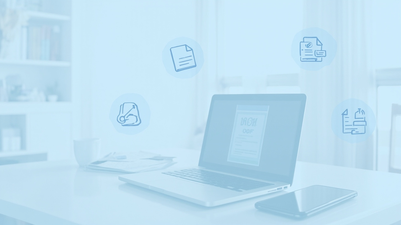 Modern workspace with PDF editor interface showing various editing tools and document management features