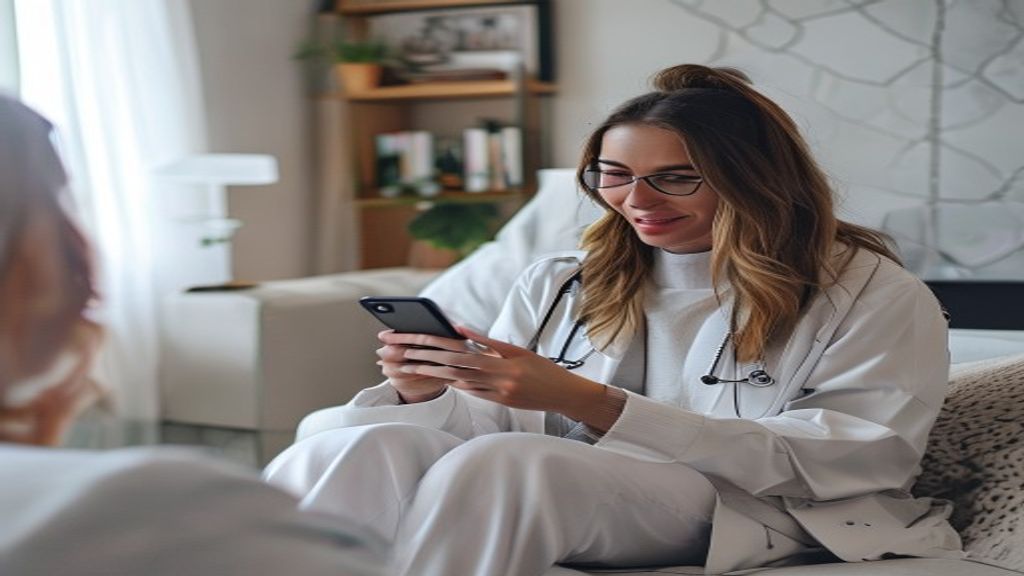 Woman using smartphone for online doctor consultation UTI