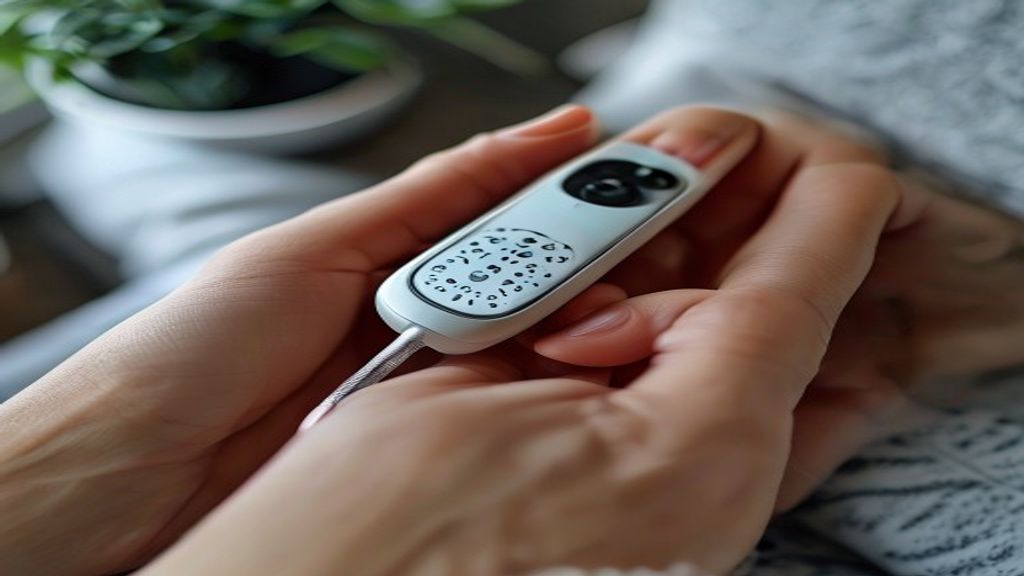 Person using pulse oximeter at home to monitor oxygen levels
